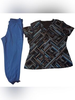 Cherokee Black and Blue Geometric Top with Grey’s Anatomy Blue Joggers